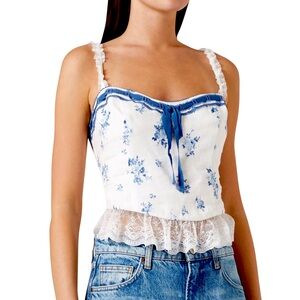 NWT Reformation Paola Lace-Trim Top in white & blue